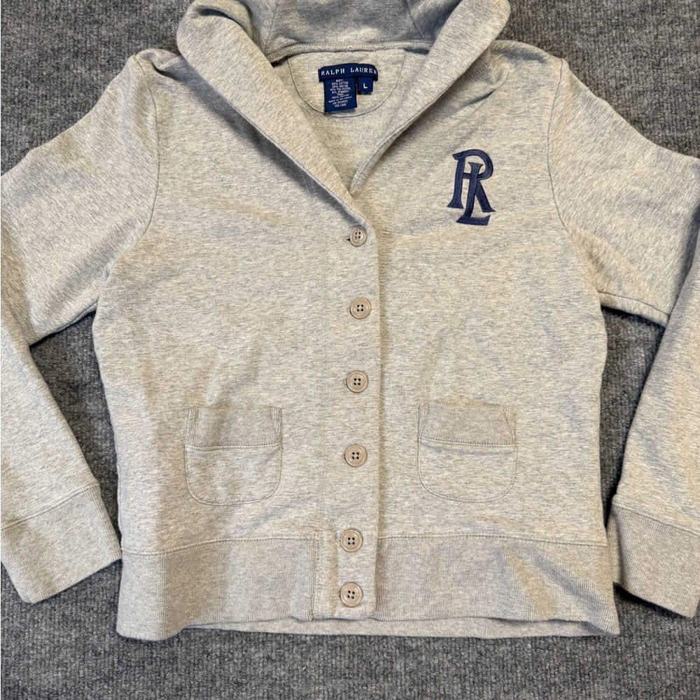 Polo by Ralph Lauren Gray Hooded Button Cardigan with Navy Monogram